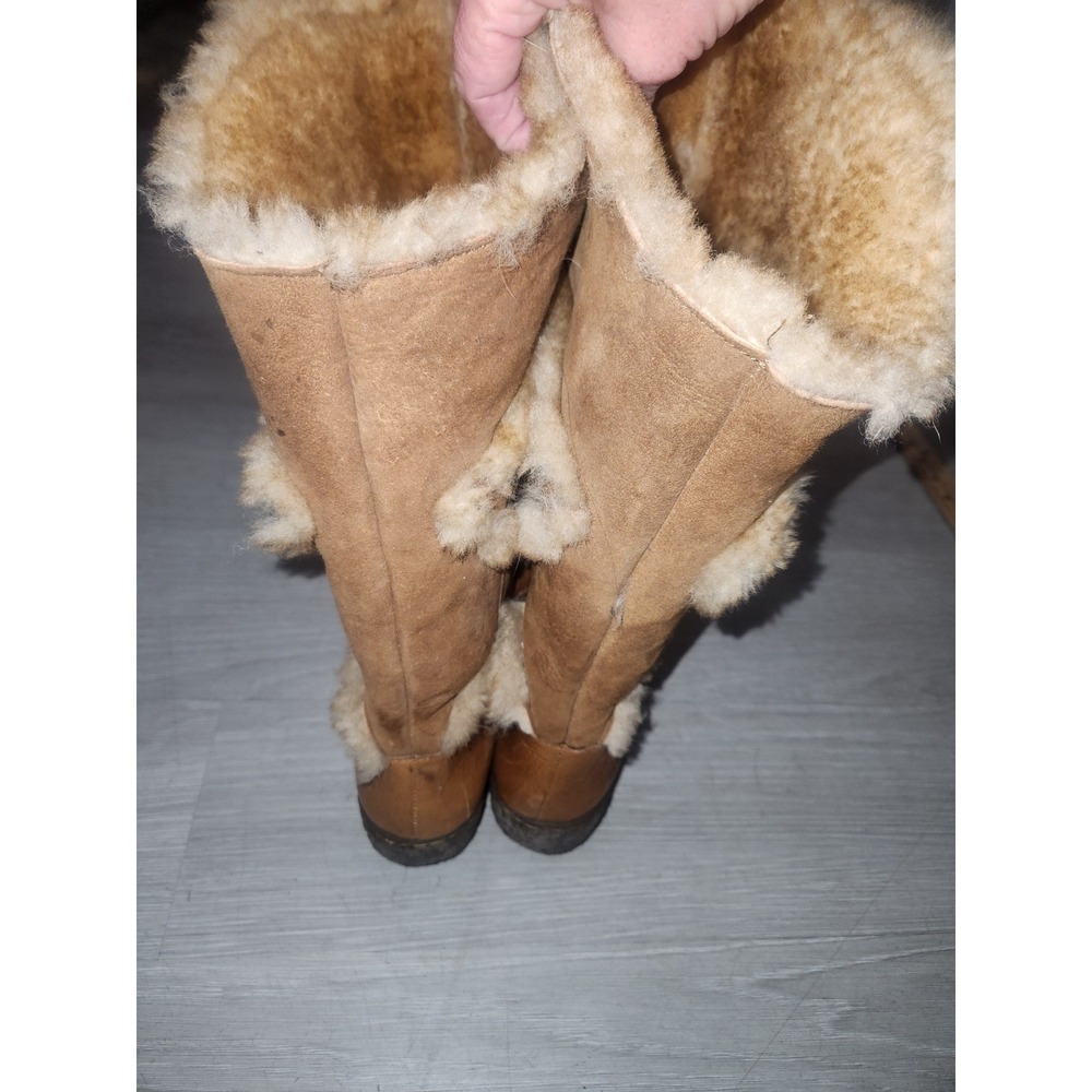Born W5197 H6 Women Tan Leather Shearling Trim Mid-Calf Wedge Boots Size 8/39 - Picture 7 of 8